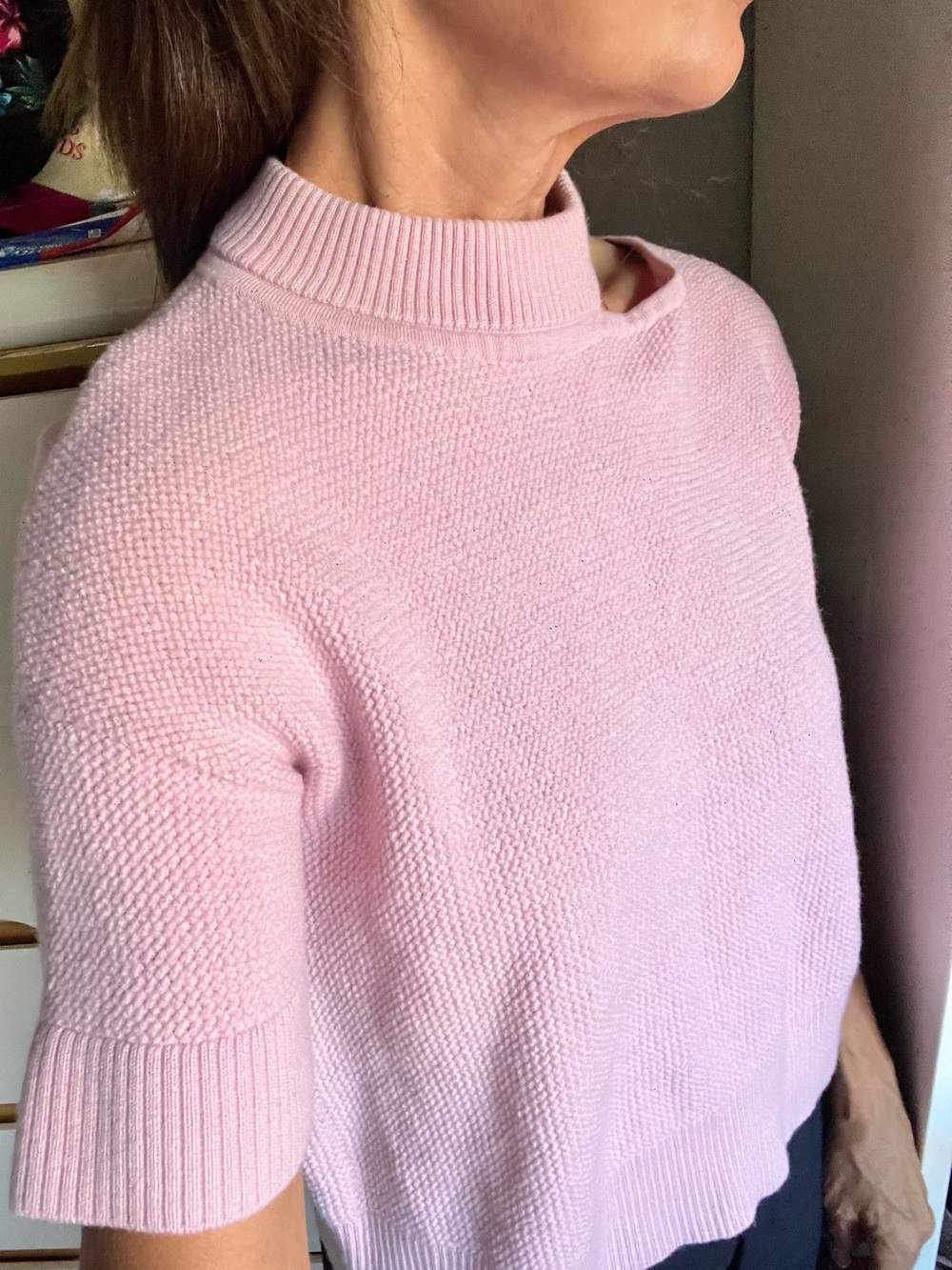 Minimalist Akris Punto Pastel Pink Short-Sleeve Knit Turtleneck Sweater